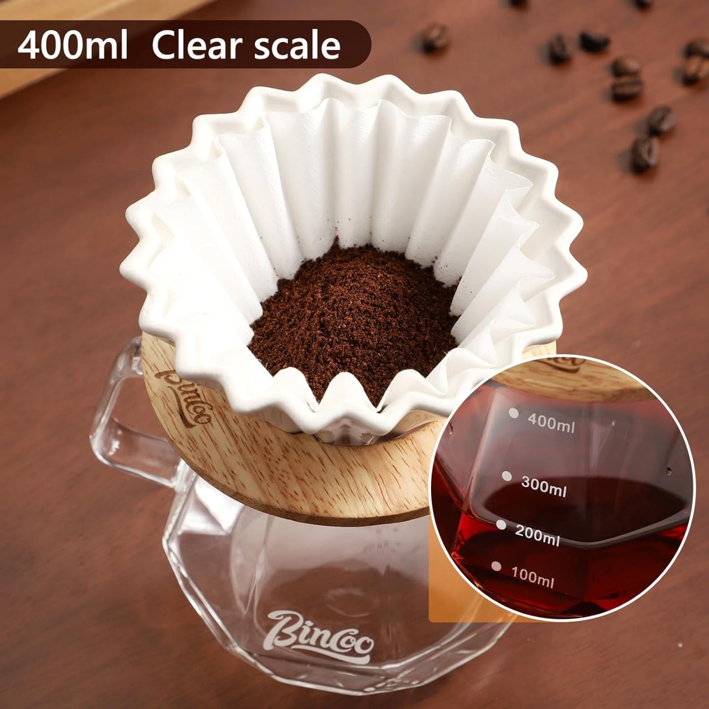 Bincoo 400ML Pour Over Coffee Maker Set with Filter Paper, Ceramic Coffee Dripper with Wood Stand Set for 1-2 Cups - Professional Brewing Tools for Home Office (White)
