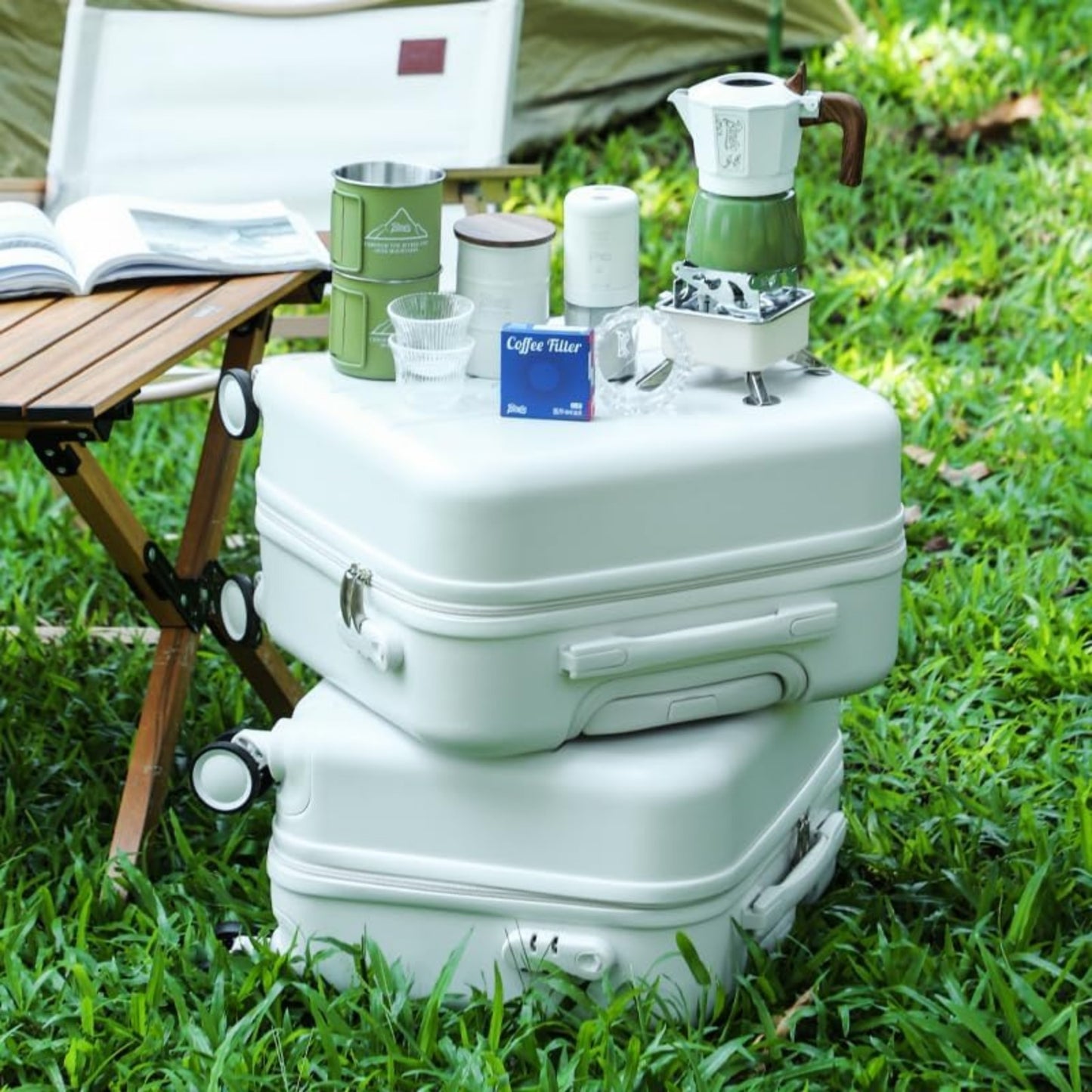 Bincoo GYKF0276 16 Inch Large Coffee Maker Travel Case with Wheels for Barista Espresso Machine,Espresso Machine Travel Case Storage Box Waterproof and Shockproof,Suit for Traveling,Camping Outdoor (White)