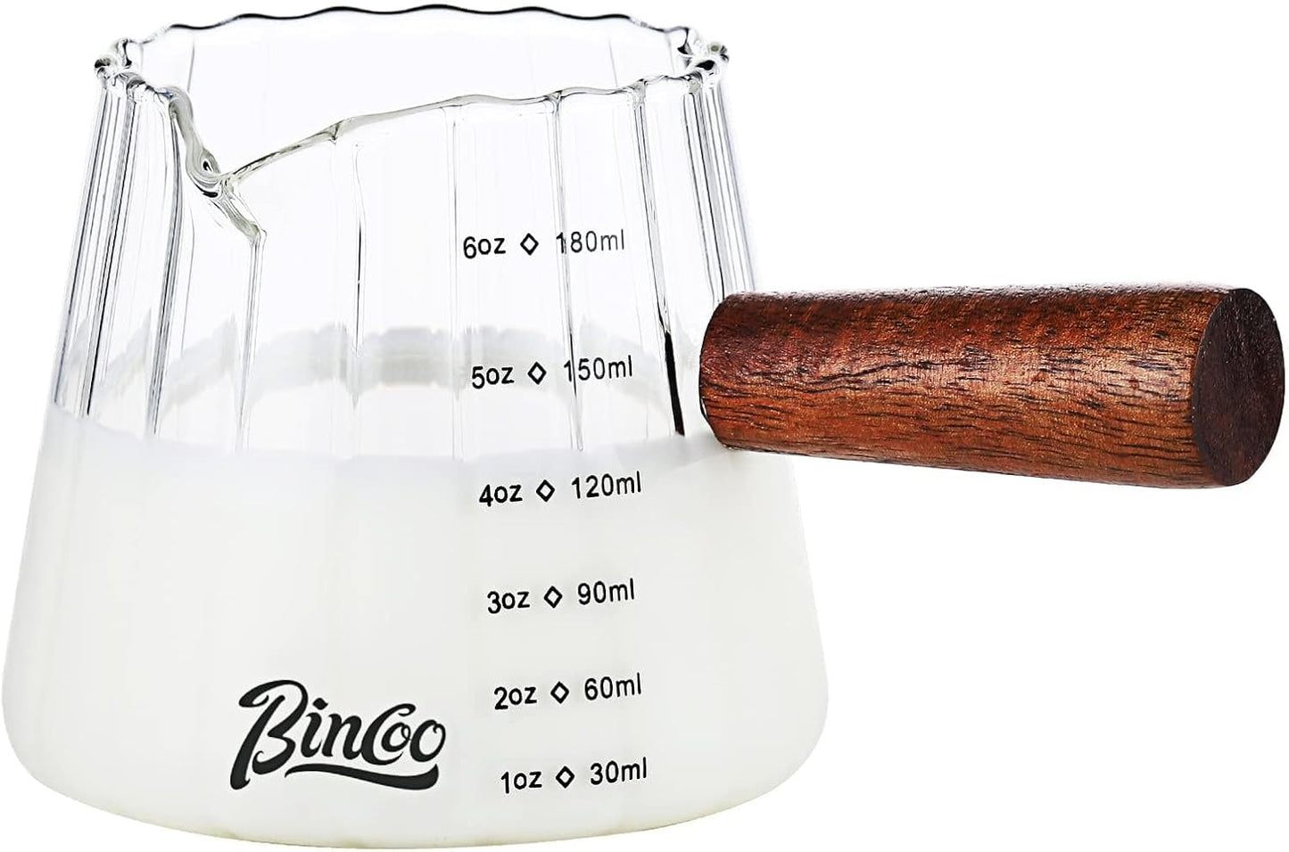 Bincoo GYKF0789 6oz Espresso Shot Glass with Wood Handle,Single Spouts Coffee Milk Measuring Cup with Clear Scale -Heat Resistant Glass Creamer for Coffee Tea or Maple Syrup Serving (180ML gray)