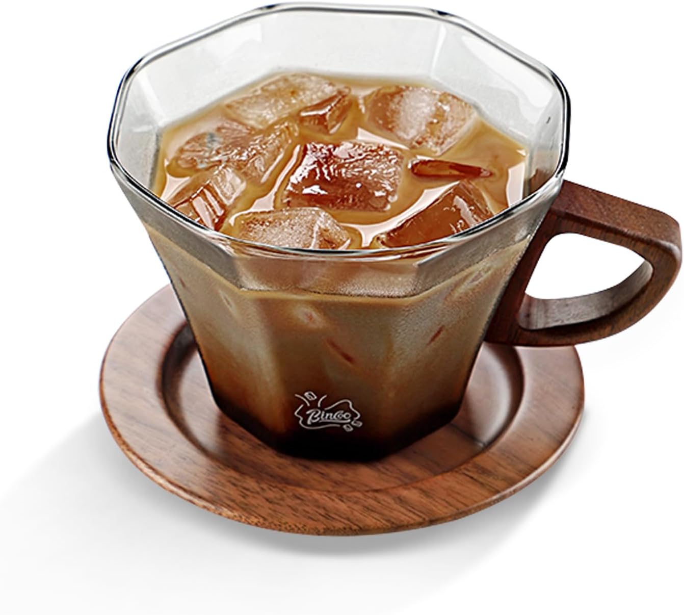 Bincoo GYJ60396 Glass Mug with Wooden Handle and and Saucer Set-280ML Glass Coffee Cup Heat Resistant Lightweight Tea Mugs Ideal for Home, Cafe, Coffee Bar(Grey)