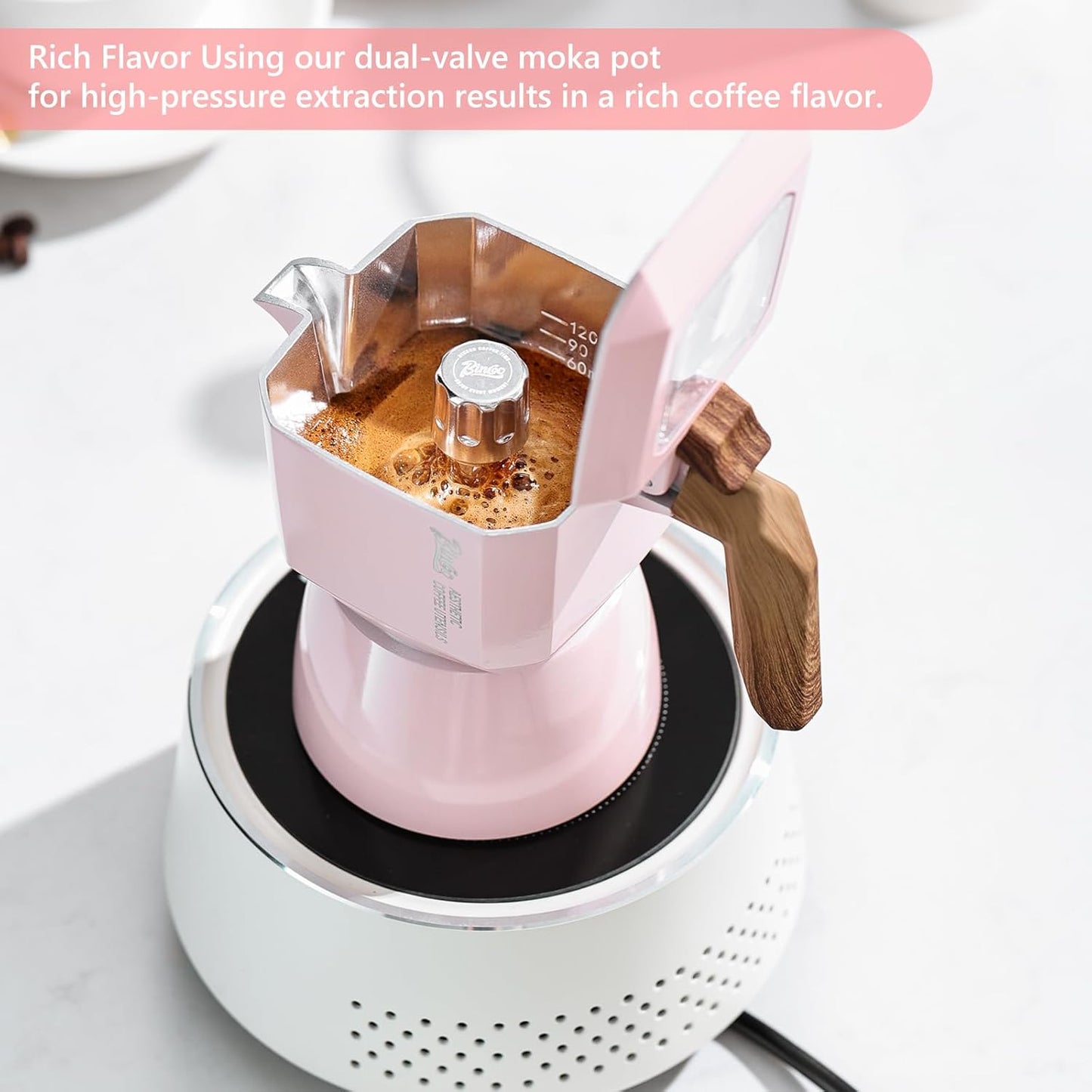 Bincoo GYKF1411 Pink Espresso Maker Stovetop, Moka Coffee Pot for Electric Stovetop 2 Cups, Italian Espresso Coffee maker for Cappuccino or Latte,120ml Pink Espresso Machine