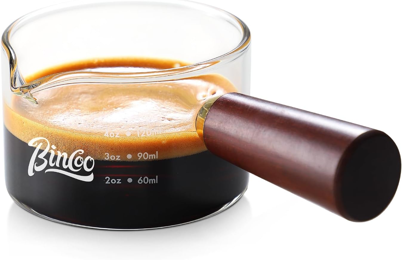 Bincoo CA81373 Espresso Shot Glasses with Wood Handle, 120ml Glass Coffee Bean Dosing Cup with Spout,Clear Espresso Measuring Cup Glass for Barista Coffee Measure (Single Spout)