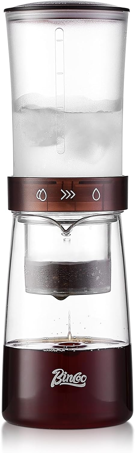 Bincoo GYKF2195 Adjustable Flow Cold Brew Coffee Maker, 450ml Glass Ice Drip Tower with Control Valve & 500-Mesh Stainless Steel Filter for Smooth, Low-Acid Cold Brew Iced Coffee at Home (Translucent Amber) GYKF2195