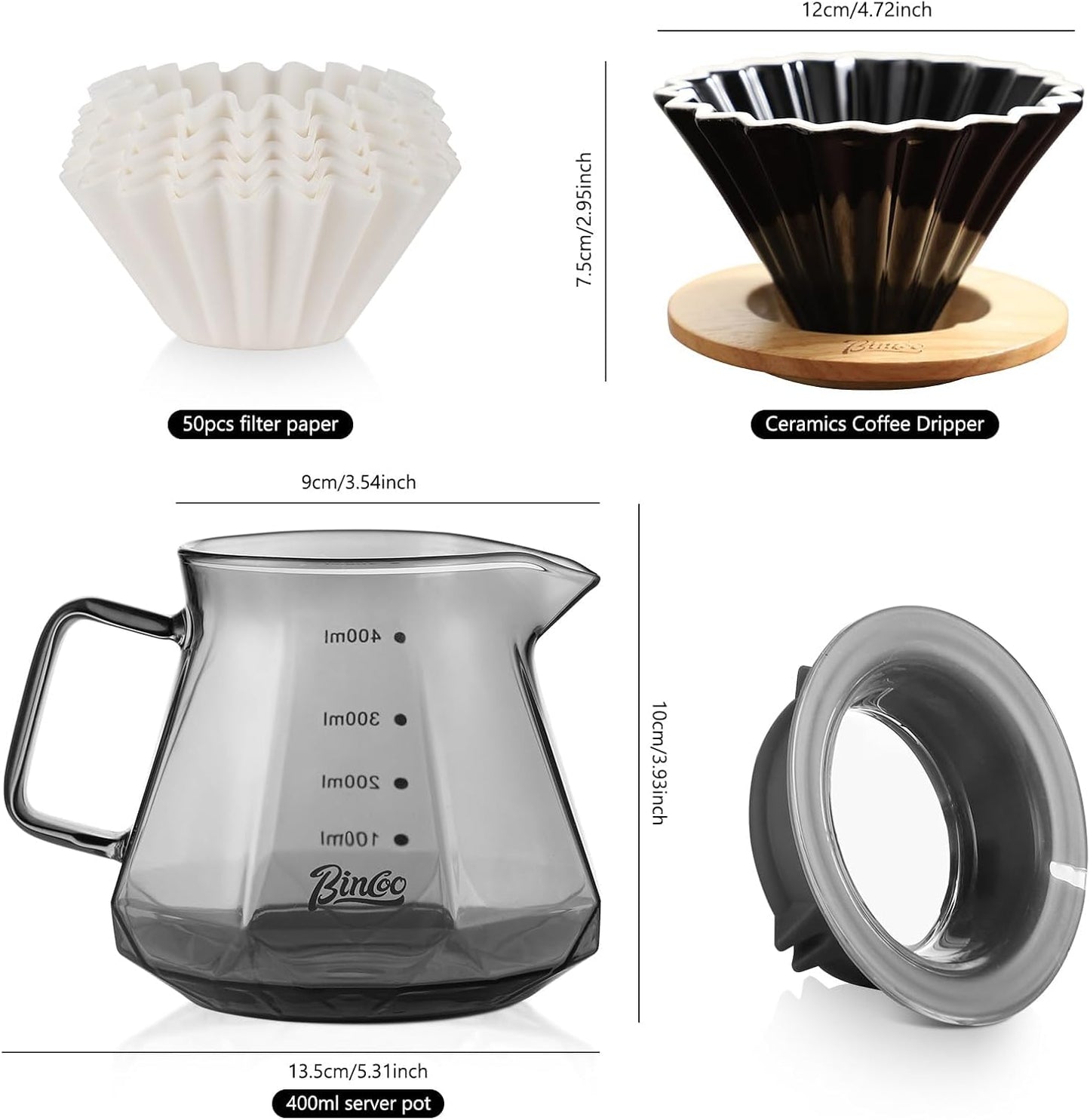 Bincoo 400ML Pour Over Coffee Maker Set with Filter Paper, Ceramic Coffee Dripper with Wood Stand Set for 1-2 Cups - Professional Brewing Tools for Home Office (White)