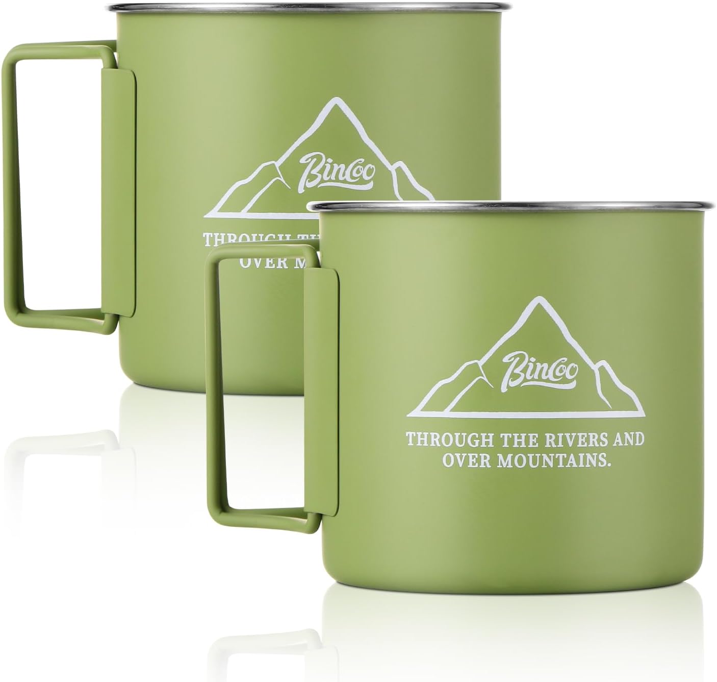 Bincoo GYKF0508 304 Stainless Steel Camping Cups Set of 2 - Enamel Coffee Mugs with Foldable Handles for Camping, Hiking, and Picnic, 10oz Capacity, Eco-Friendly and Sturdy. (Green)