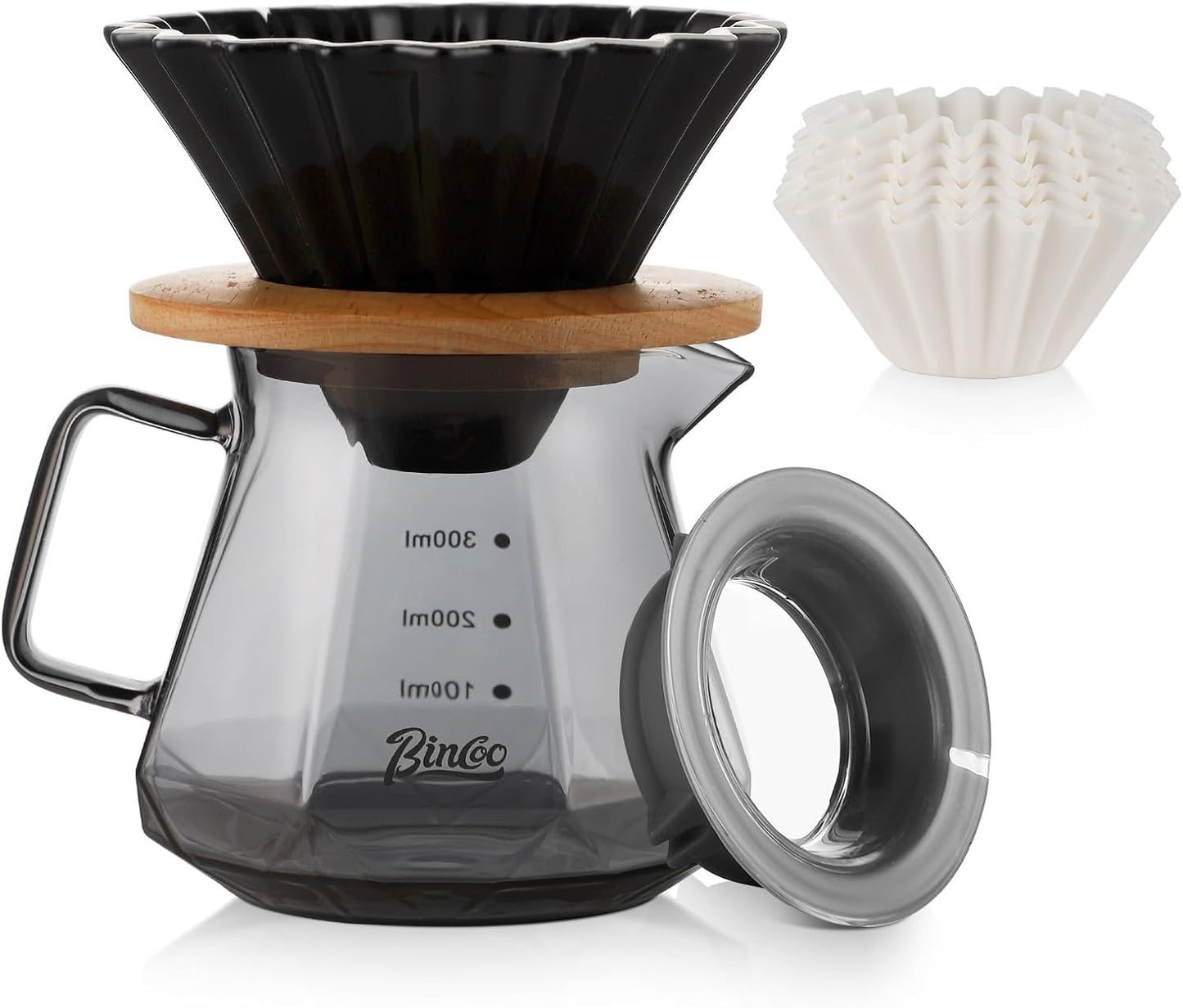 Bincoo 400ML Pour Over Coffee Maker Set with Filter Paper, Ceramic Coffee Dripper with Wood Stand Set for 1-2 Cups - Professional Brewing Tools for Home Office (White)
