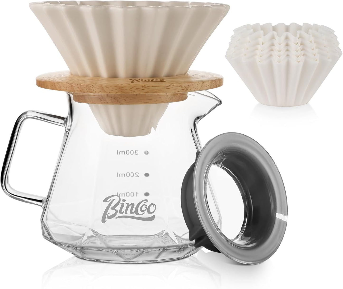 Bincoo 400ML Pour Over Coffee Maker Set with Filter Paper, Ceramic Coffee Dripper with Wood Stand Set for 1-2 Cups - Professional Brewing Tools for Home Office (White)