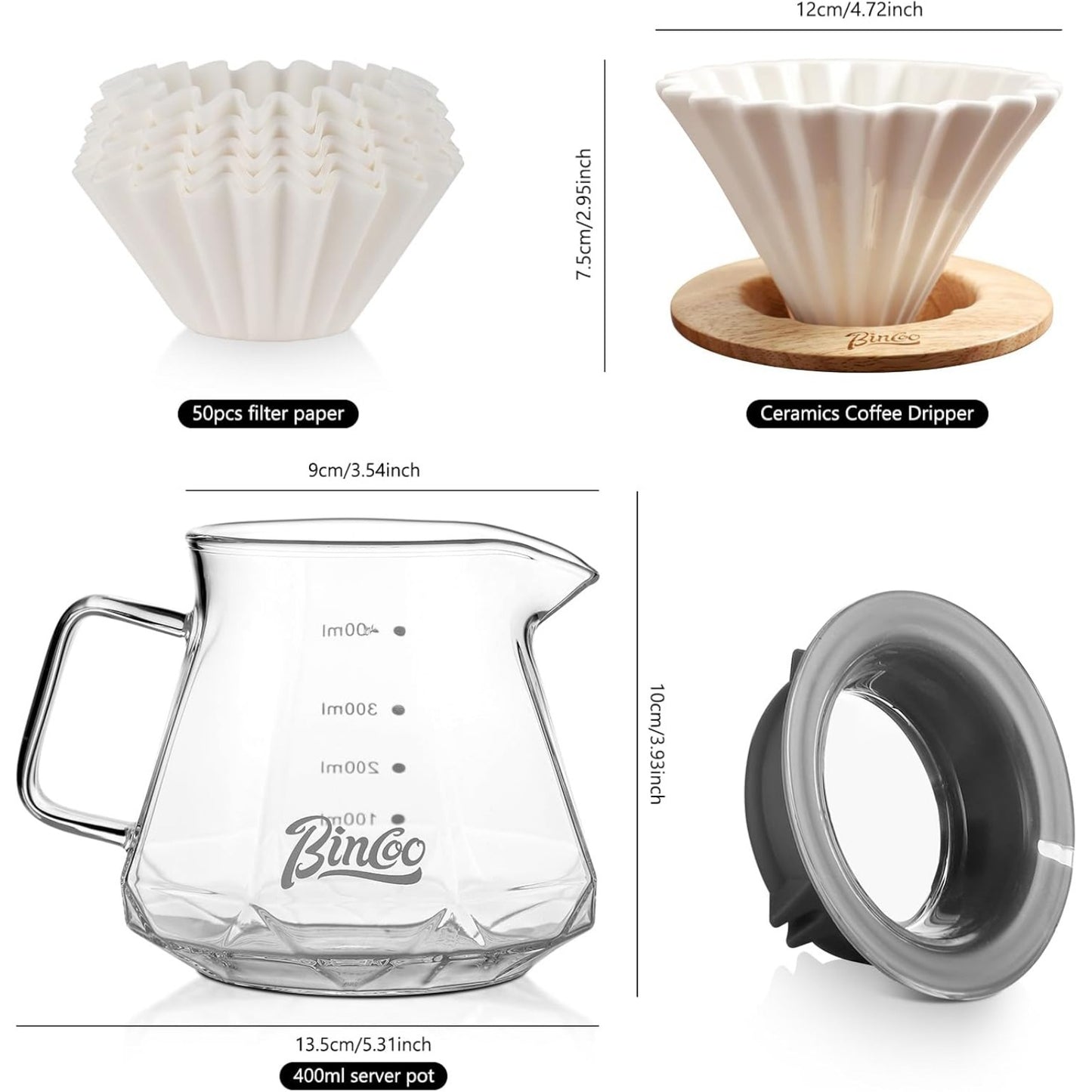 Bincoo 400ML Pour Over Coffee Maker Set with Filter Paper, Ceramic Coffee Dripper with Wood Stand Set for 1-2 Cups - Professional Brewing Tools for Home Office (White)