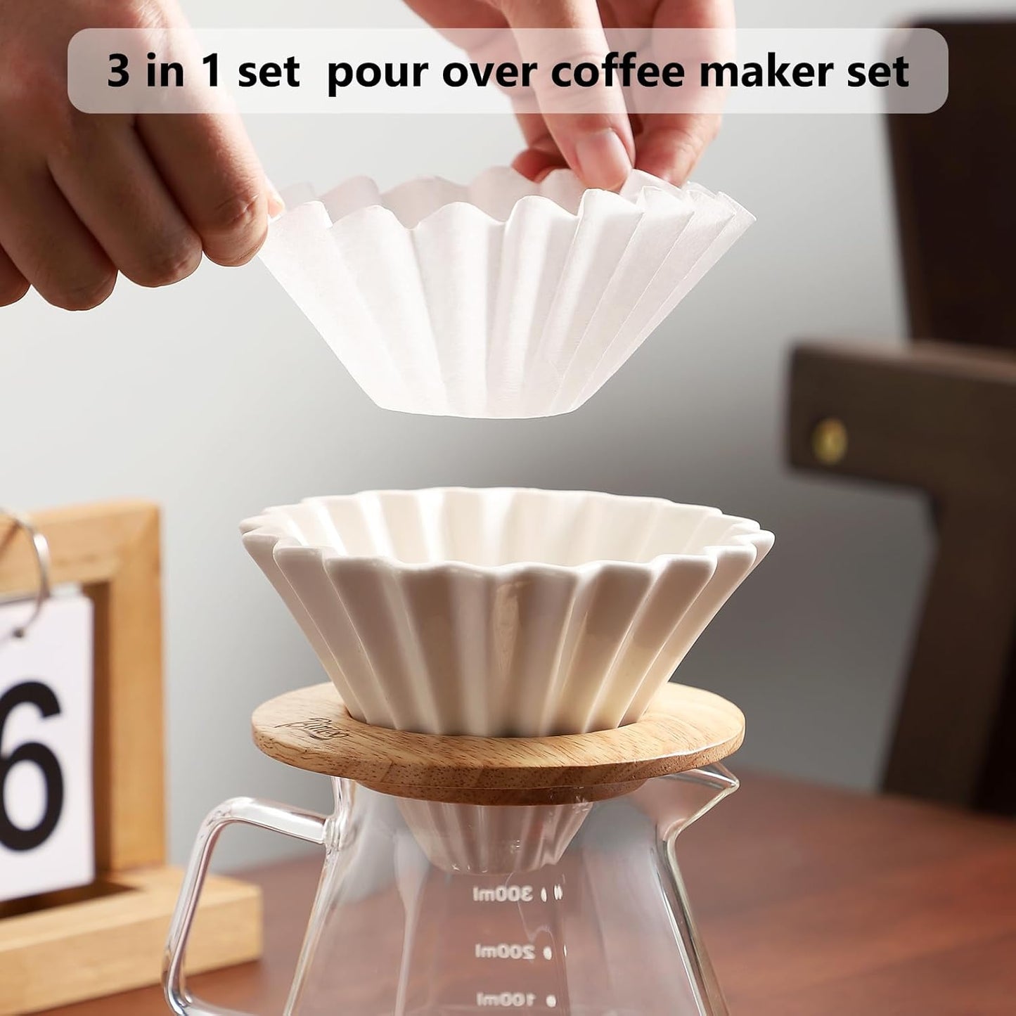 Bincoo 400ML Pour Over Coffee Maker Set with Filter Paper, Ceramic Coffee Dripper with Wood Stand Set for 1-2 Cups - Professional Brewing Tools for Home Office (White)