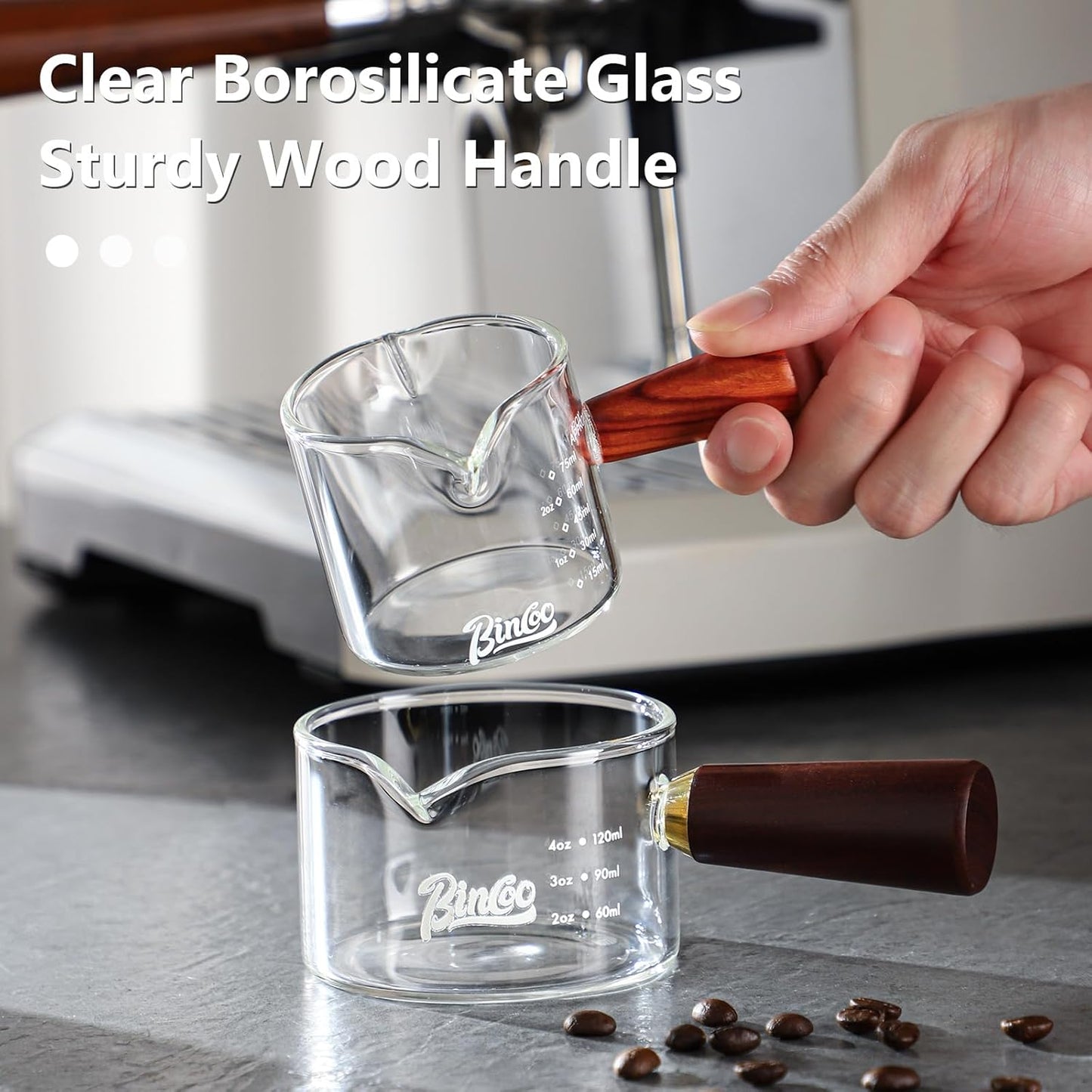 Espresso Shot Glasses with Wood Handle - 120ml Glass Coffee Bean Dosing Cup with Dual Spout,Clear Espresso Measuring Cup Glass for Barista Coffee Measure