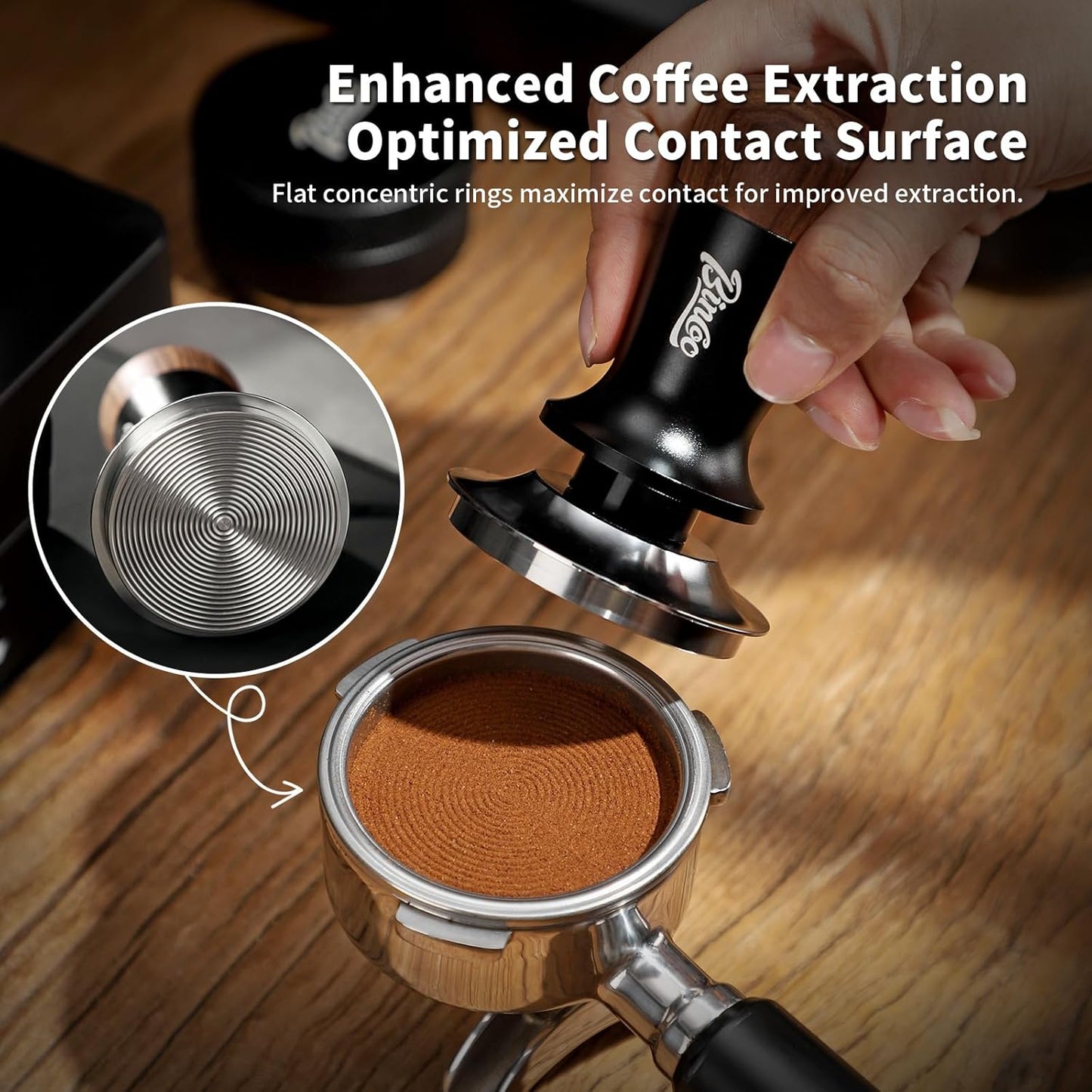 58mm Espresso Coffee Tamper - Coffee Tamper with Calibrated Spring Loaded, Espresso Hand Tamper, Flat Stainless Steel Base Espresso Accessories, Adjustable Depth, Wood