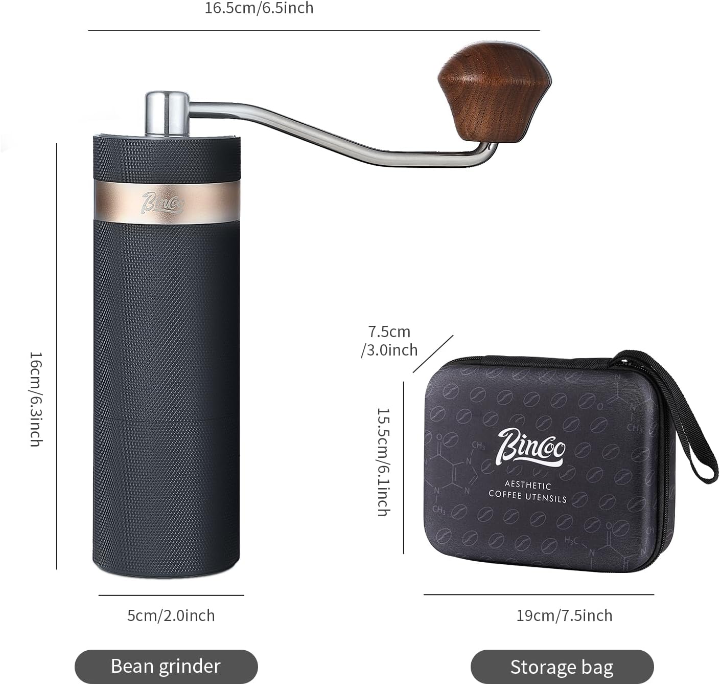 Bincoo GYKF1625 Manual Coffee Bean Grinder, Portable Hand Espresso Grinder with 6 Star CNC Stainless Steel Conical Burr,16 Internal Adjustable Setting and Double Bearing, Portable Carry Bag, 25g Capacity