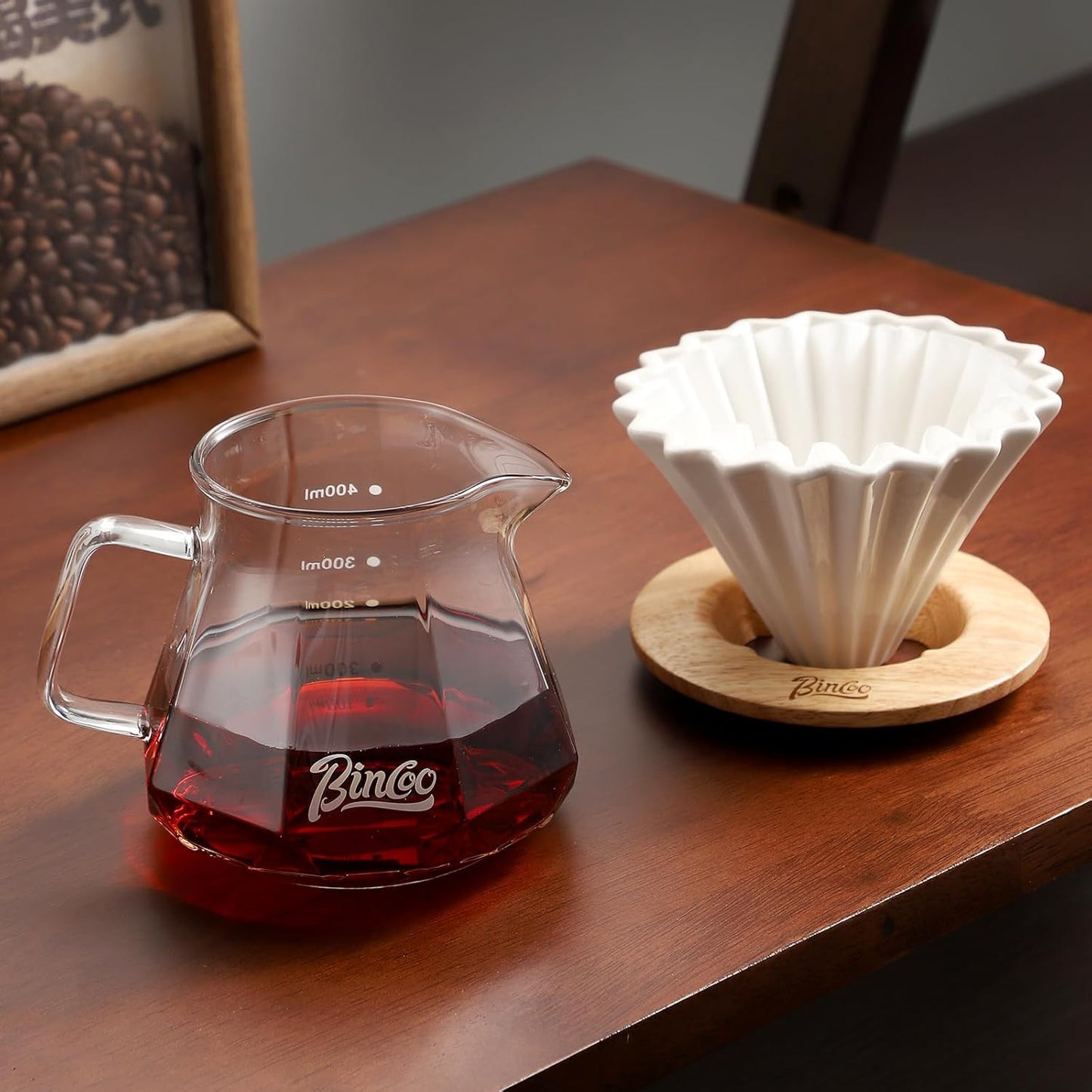 Bincoo 400ML Pour Over Coffee Maker Set with Filter Paper, Ceramic Coffee Dripper with Wood Stand Set for 1-2 Cups - Professional Brewing Tools for Home Office (White)