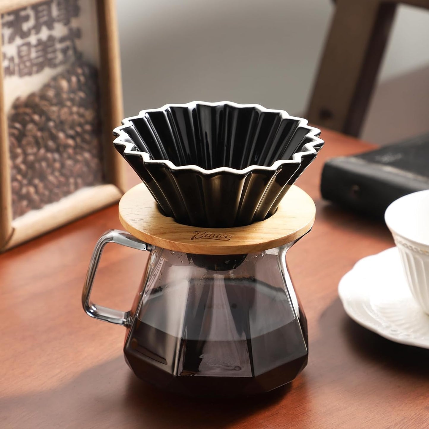Bincoo 400ML Pour Over Coffee Maker Set with Filter Paper, Ceramic Coffee Dripper with Wood Stand Set for 1-2 Cups - Professional Brewing Tools for Home Office (White)
