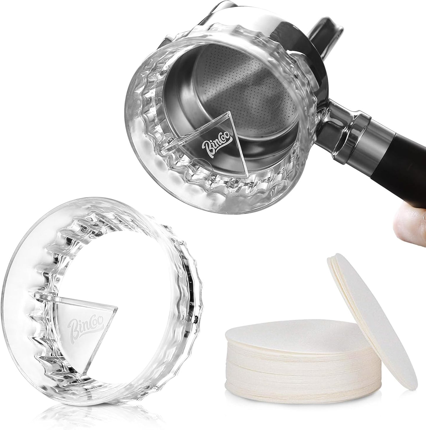 Bincoo Portafilter Funnel Dispenser 51/58mm,Coffee Dosing Funnel With 100pcs Filter Paper, Anti-Flying Powder Espresso Dosing Funnel With Magnetic, Allow 360°Rotation (51MM)