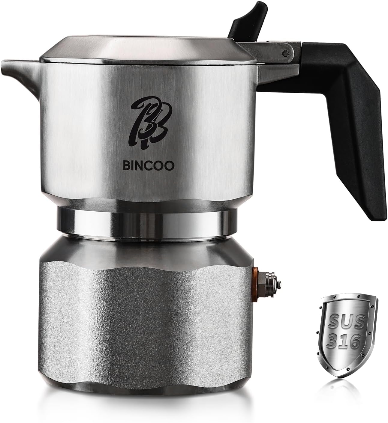 Bincoo Italian Moka Pot - Stovetop Espresso Maker for Rich Coffee,316 Stainless Steel - Three-Valve Pressure Boosting Design (Silver 02)