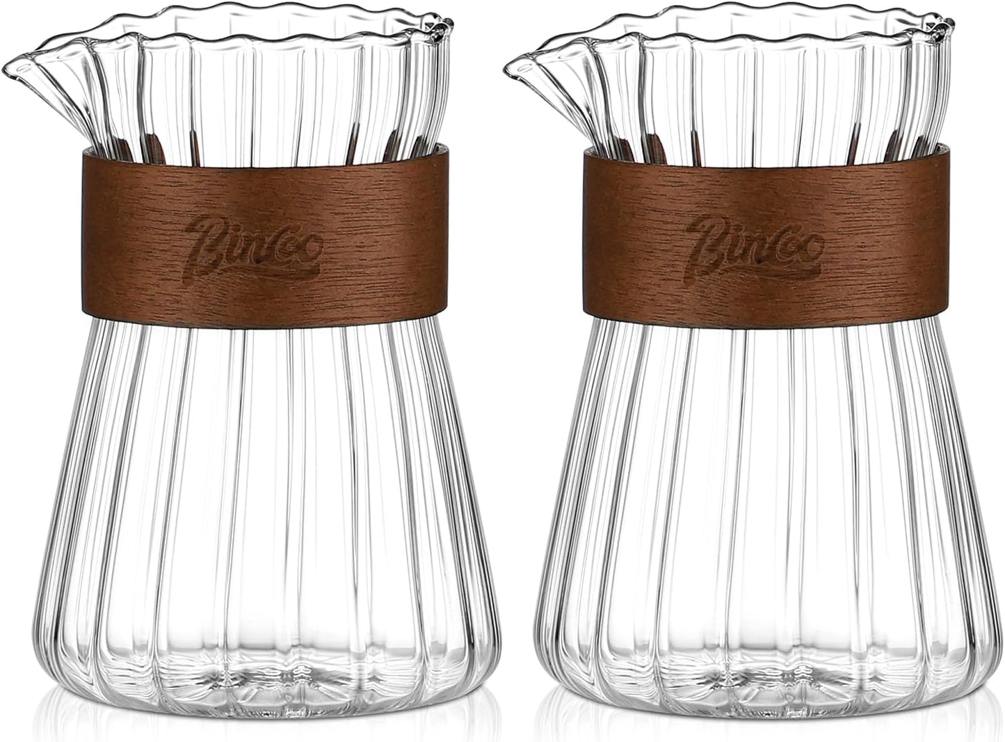 Bincoo GYKF1415 Small Glass Coffee Server Set of 2 - Manual Pour Over Coffee Maker 16oz, Borosilicate Glass Coffee Carafe with Heat-Resistant Wood Ring,2 Pack