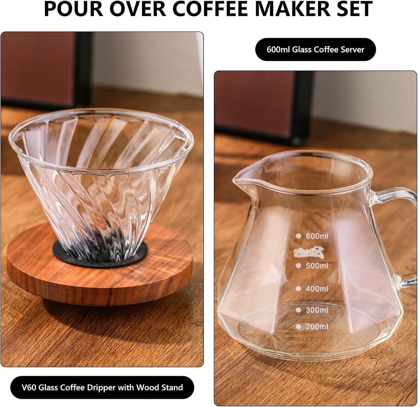 Pour Over Coffee Maker Set - Borosilicate Glass Dripper with Walnut Handle & Glass Lid, 50 pcs V60 Paper Filters Included - 600ml Pour Over Coffee Dripper for Home, Café, & Camping (Transparent)