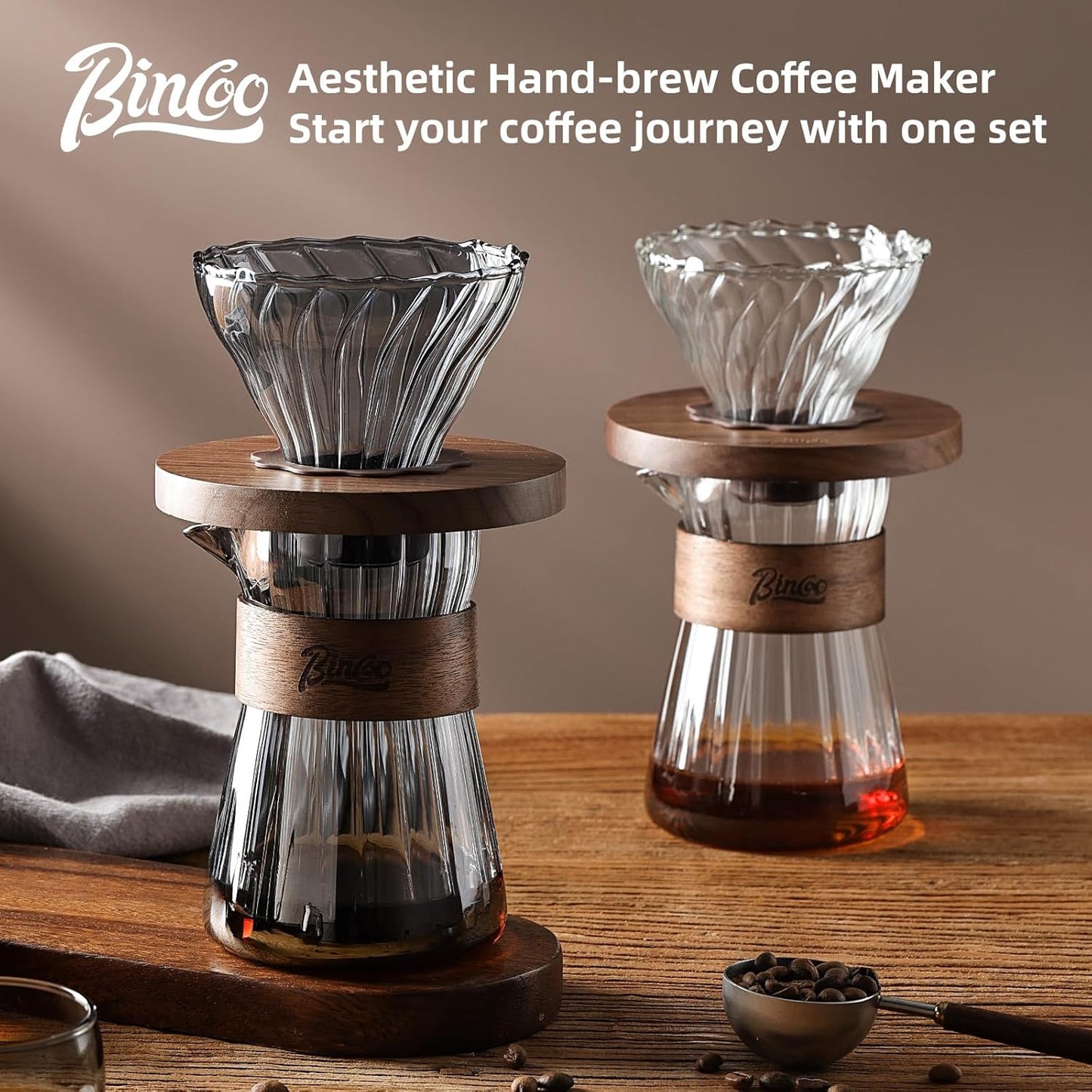 Bincoo Pour Over Coffee Maker Set - 500ML Glass Coffee Server Coffee Carafe with Walnut Dripper and 50PCS Paper Filter, Drip Coffee Maker Set for Home Café Restaurant