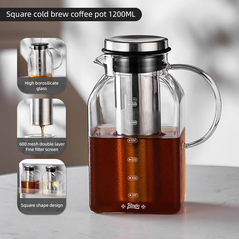 Bincoo 1200ML Glass Cold Brew Coffee Pot with double-layer Filter Cups Water Bottle Extracted Espresso Coffee Maker Juice Kettle