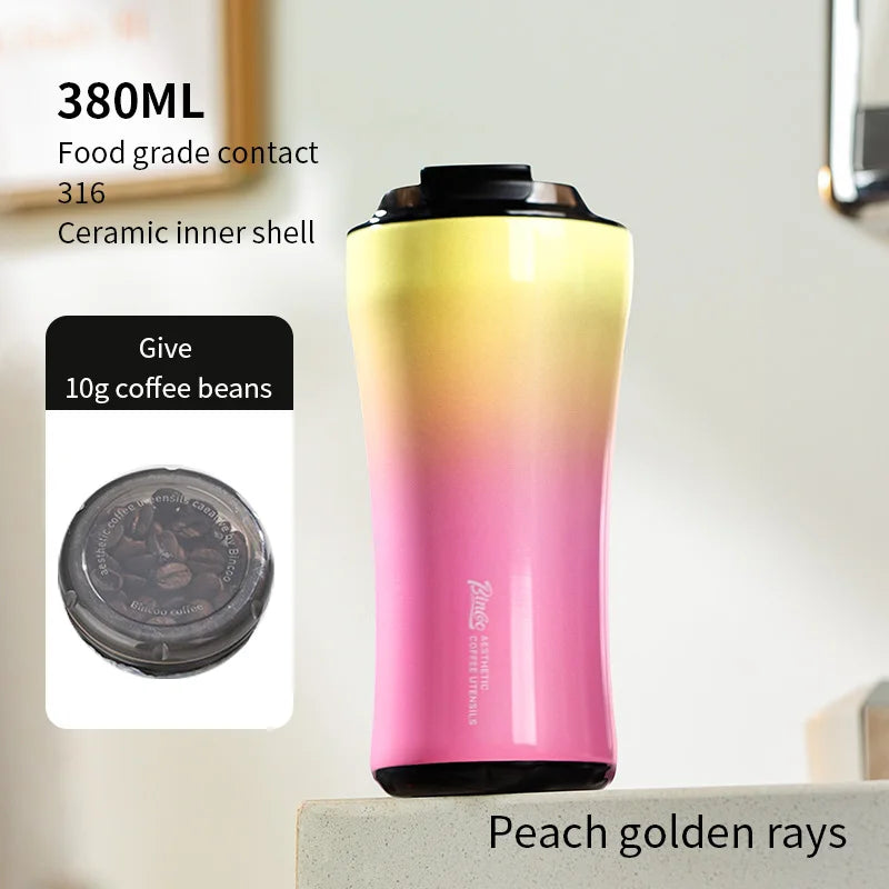 BINCOO 380ML 316 Stainless Steel Coffee Cup, Car Thermos Mug, Leak_Proof Double Wall Ceramic Inner Liner Vacuum Insulated Cups