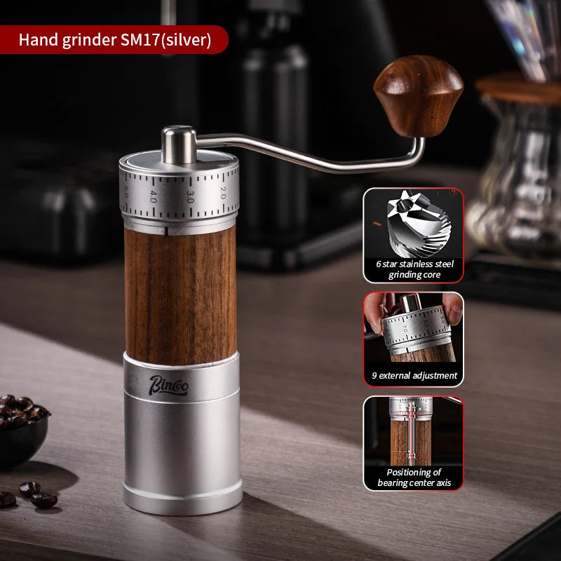 Bincoo Manual Coffee Grinder 38mm CNC 420 6-Star Steel Burr 9-Grade External Adjustment Aluminum Body for Precise Hand Grinding