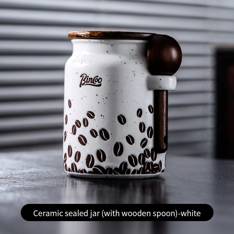 Bincoo Ceramic Coffee Bean Canister Sealed Jar Home Coffee Powder Storage Tank with Wooden Lid 500ML