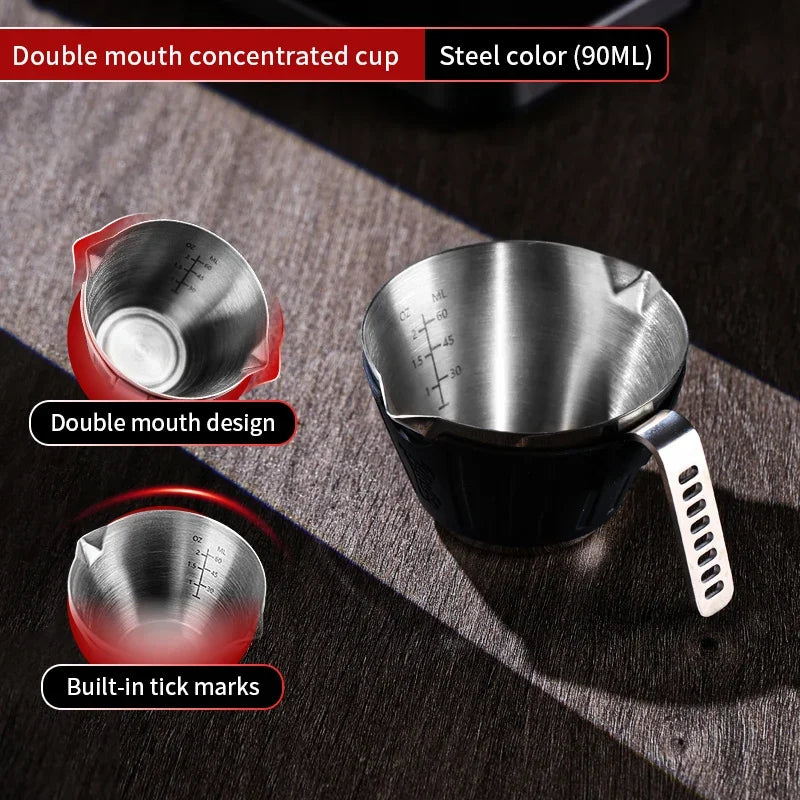Bincoo 304SS Espresso Shot Glass with Silicone Sleeve 90ml Dual Spout Open Handle Measuring Cup for Coffee Extraction