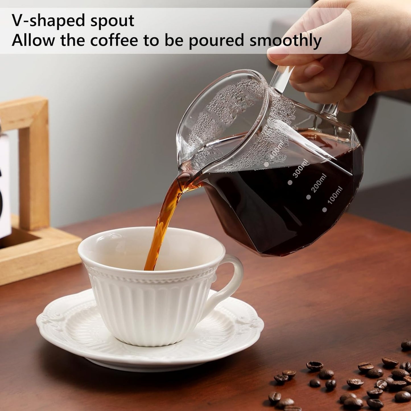 Bincoo 400ML Pour Over Coffee Maker Set with Filter Paper, Ceramic Coffee Dripper with Wood Stand Set for 1-2 Cups - Professional Brewing Tools for Home Office (White)