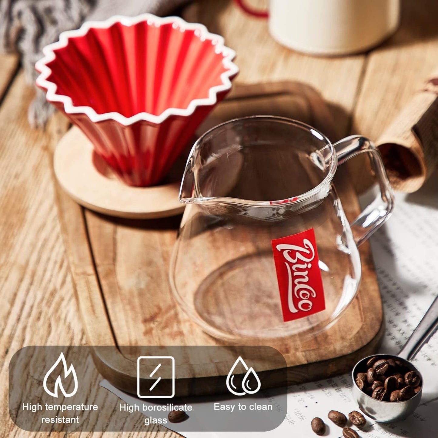 Bincoo Pour Over Coffee Maker Set with Dripper,400ml Glass Coffee Server Set,Ceramics Coffee Dripper with Wood Stand&Filter Paper for Home Office Gift