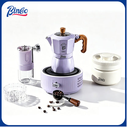 BINCOO Purple Double-Valve Moka Pot with Grinder Set Home Italian Espresso Maker Compact Coffee Maker Set 2Cups