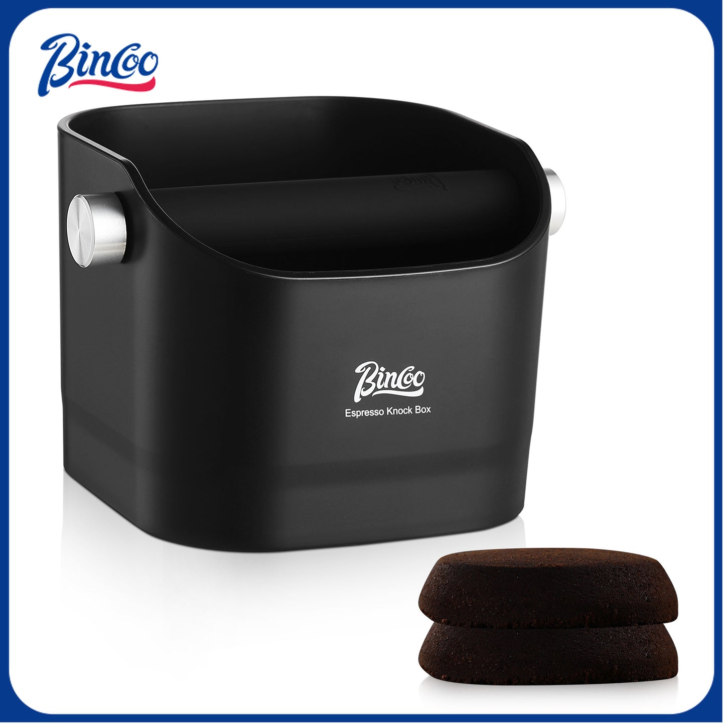 Bincoo GYKF2270 Square Coffee Knock Box 0.8L – ABS Espresso Knock Bin with Non-Slip Base, Wide 4.6" Slanted Opening & Detachable Silicone Knock Bar for Easy Cleaning and Quiet Use(Black square)