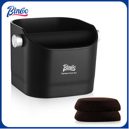 Bincoo GYKF2270 Square Coffee Knock Box 0.8L – ABS Espresso Knock Bin with Non-Slip Base, Wide 4.6" Slanted Opening & Detachable Silicone Knock Bar for Easy Cleaning and Quiet Use(Black square)