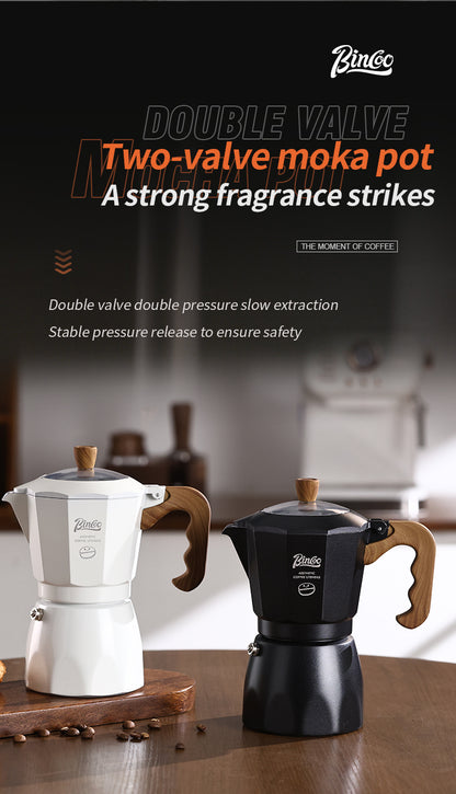 Bincoo Double Valve Moka Pot - Stovetop Espresso Maker with Rich Crema, Italian Style Coffee Pot with Imitation Wood Handle, Food-Grade Aluminum for Home Brewing