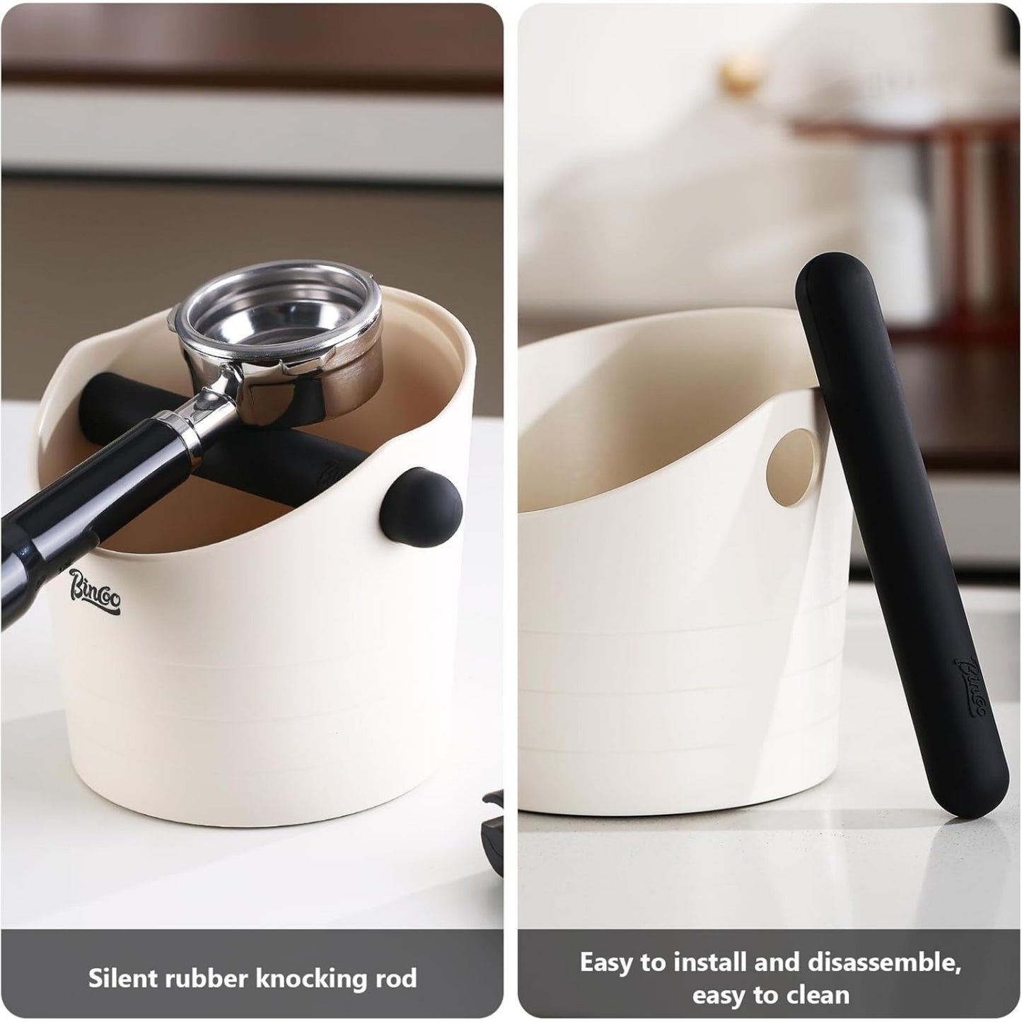 Bincoo Coffee Knock Box 6.8 Inch Shock-Coffee Ground Knock Box 1.2L with Removable Knock Bar and Non-Slip Base,Espresso Accessories Suitable for Home & Bar(White)