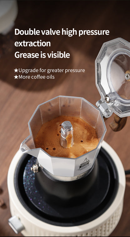 Bincoo Double Valve Moka Pot - High Pressure Stovetop Espresso Maker with Rich Crema, Transparent Lid, Food-Grade Aluminum, Italian Style Coffee Pot for Home Brewing