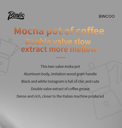 Bincoo Double Valve Moka Pot - Stovetop Espresso Maker with Rich Crema, Italian Style Coffee Pot with Imitation Wood Handle, Food-Grade Aluminum for Home Brewing