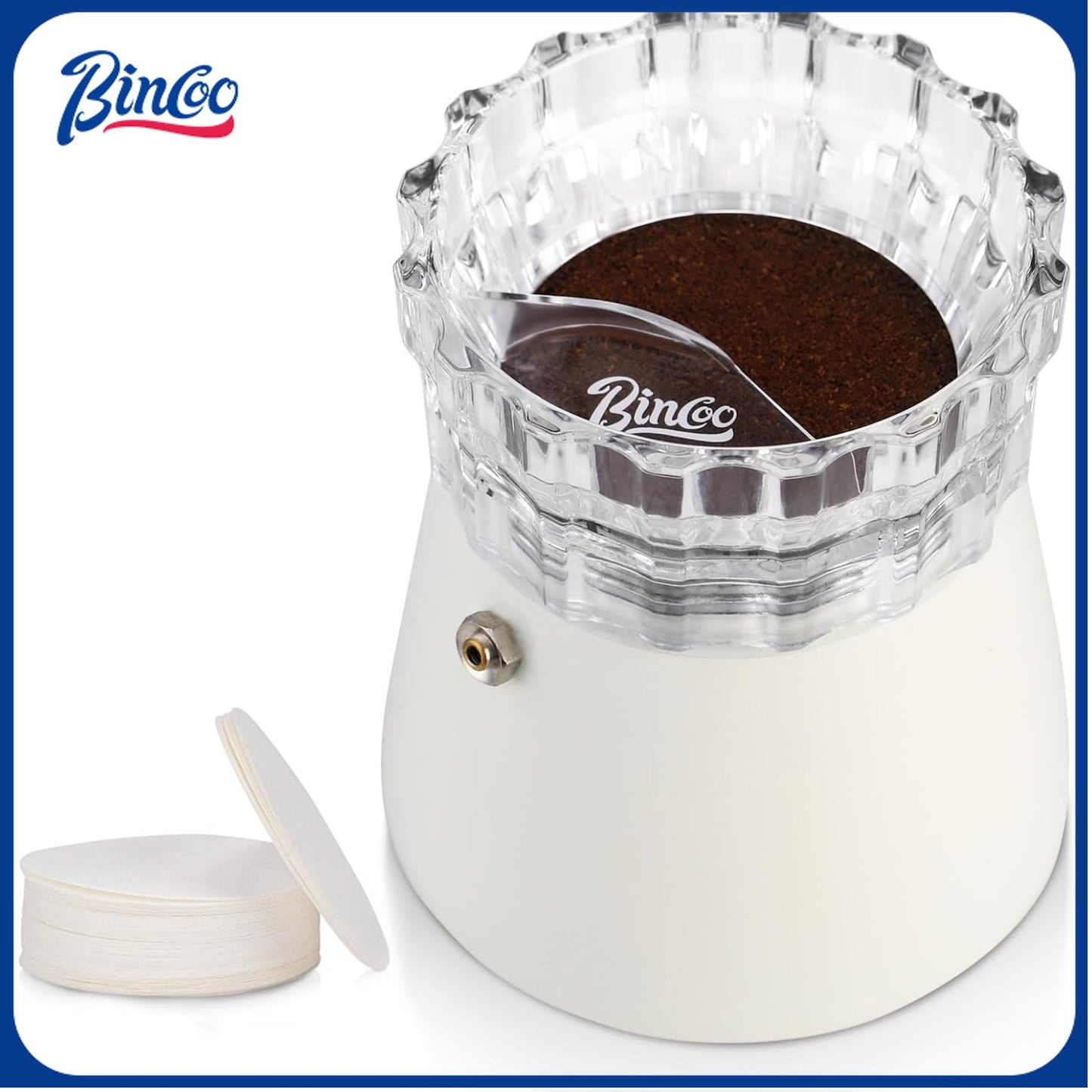 Bincoo GYKF0731 Moka Pot Dispenser with 100pcs Filter Paper, Rotating Powder Filler, Powder Receiving Cup, Funnel, Moka Pot Accessories (Large for 4-6 Cup Gift Set)