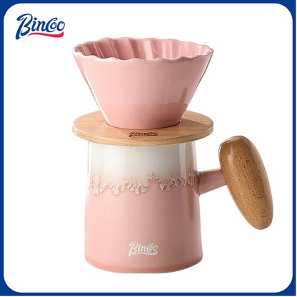 Bincoo Macaron Ceramic Pour Over Coffee Set - Hand Dripper & Server Kit with Wooden Handle, Complete Home Brewing Coffee Gift Set for Beginners, Mint Green & Pink Available