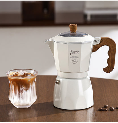 Bincoo Double Valve Moka Pot - Stovetop Espresso Maker with Rich Crema, Italian Style Coffee Pot with Imitation Wood Handle, Food-Grade Aluminum for Home Brewing