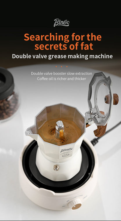 Bincoo Double Valve Moka Pot - Stovetop Espresso Maker with Rich Crema, Italian Style Coffee Pot with Imitation Wood Handle, Food-Grade Aluminum for Home Brewing