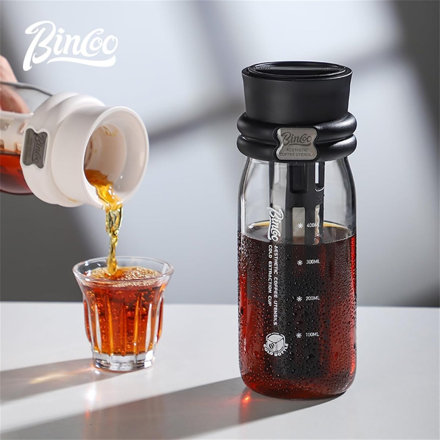 Bincoo GYKF2013 Borosilicate Glass Cold Brew Coffee Maker-600ml,Leak-Proof,Cold Brew Bottle with Fine Mesh Filter & Silicone Funnel,Multi-Functional for Coffee & Fruit Tea (Black)