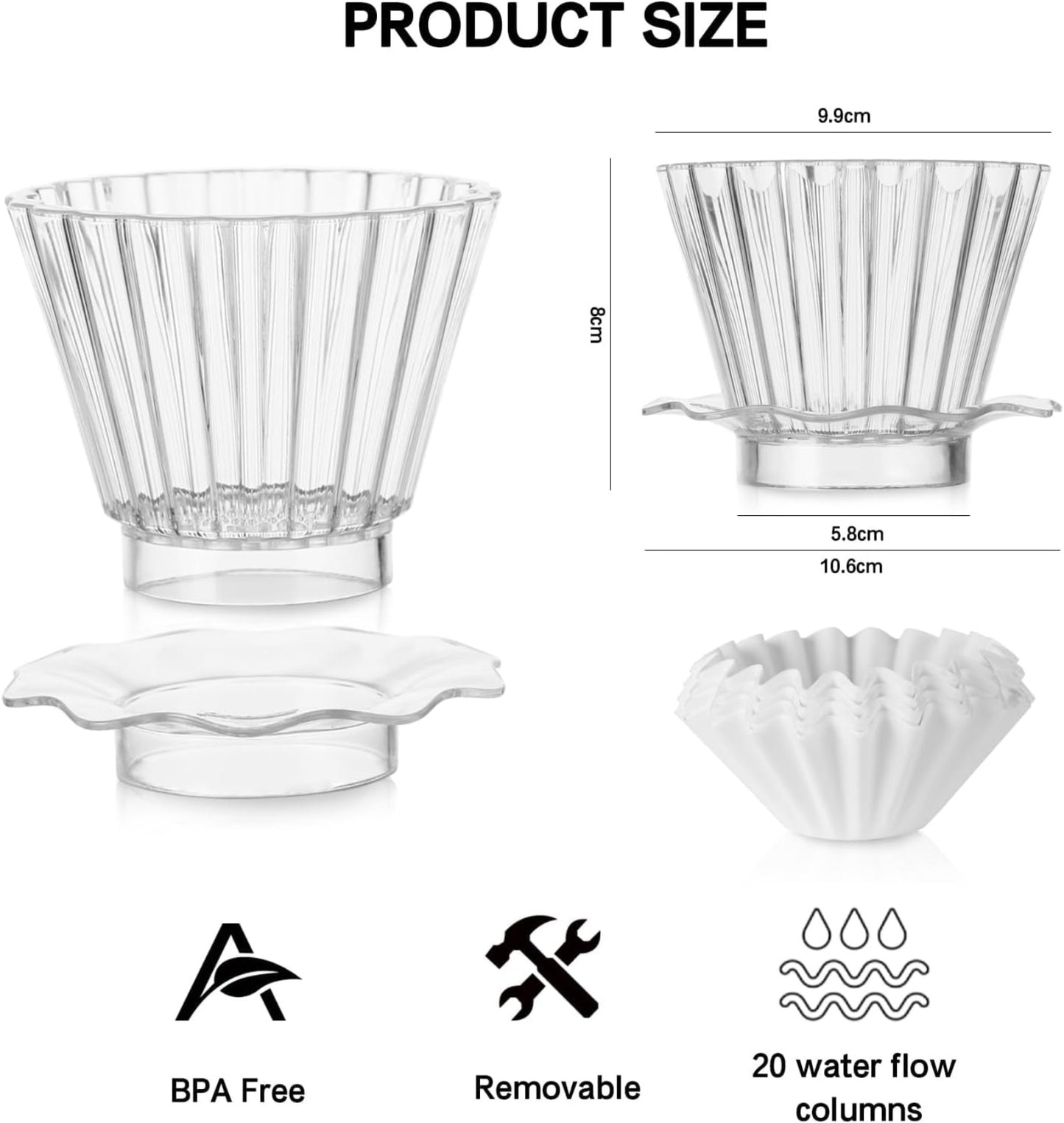 Bincoo Coffee Dripper 1-2 Cups,Reusable Coffee Filter Cup, Pour Over Coffee Dripper Safe BPA Free Plastic Includes 50 Paper Filters-Slow Brewing Accessories for Home Cafe (1-2 CUP)