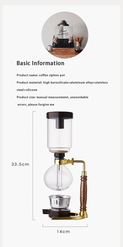 Bincoo Electric Siphon Coffee Maker, Borosilicate Glass Vacuum Syphon Coffee Pot with Solid Wood Handle & Adjustable Heating Base, Professional Hand Brew Coffee Brewer for Home & Cafe Barista