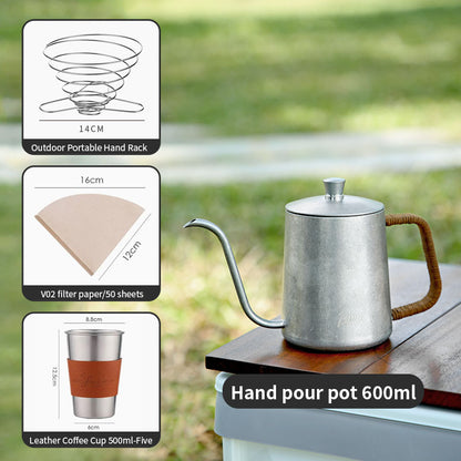 Bincoo Outdoor Pour Over Coffee Kettle - Retro Stainless Steel Gooseneck Spout Coffee Pot with Hemp Rope Handle, Aesthetic Hand Drip Pot for Camping & Home Brewing