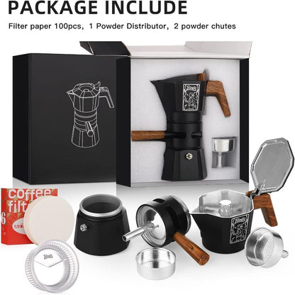 Bincoo GYKF0540 120ML/2 Cup Stovetop Espresso Maker Double Valve Moka Pot with Thermostat Extractor,Italian Espresso Moka Pot with Powder Dispenser and Filter Paper for Home(Black)