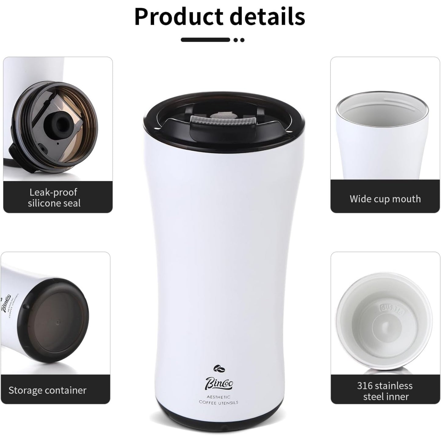 Bincoo 316 Stainless Steel Insulated Coffee Travel Mug 12.8oz,Leak-proof Insulated Travel Coffee Tumbler Keeps Drinks Hot/Cold for 6 Hours,with Storage Compartment,Ideal for Office,Outdoors,Car