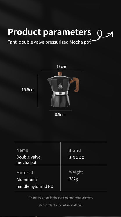 Bincoo Double Valve Moka Pot - High Pressure Stovetop Espresso Maker with Rich Crema, Food-Grade Aluminum, Italian Style Coffee Pot with Transparent Lid for Home Brewing