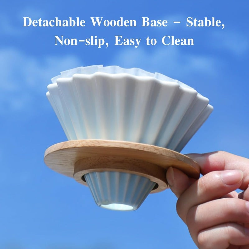 Bincoo GYKF1990 Ceramic Coffee Dripper,Pour Over Coffee Dripper with Wood Stand, Flower-shape for 1-2 Cups Slow Brewing Maker for Home Cafe (Pink)