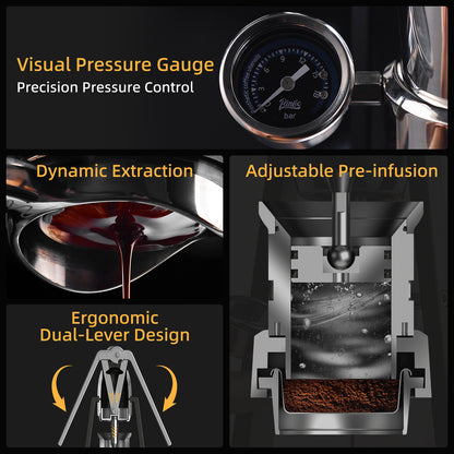 Bincoo Manual Espresso Maker Set - Hand Press Espresso Machine – 12Bar Pressure Profiling, Dual-Lever Manual Coffee Maker with Pre-Infusion, Portable for Custom Espresso Shots, Stainless Steel